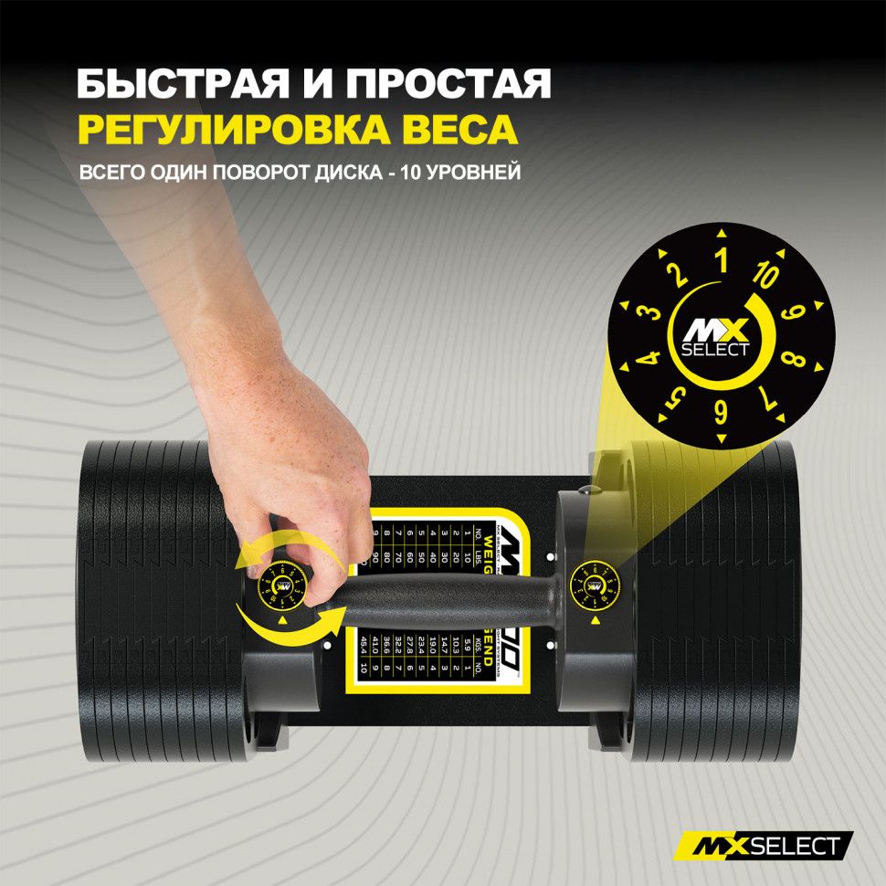 Гантель регулируемая MX Select MX100 EVO, эргономичная прорезиненная рукоять, вес 5.9-45.4 кг, 1 шт